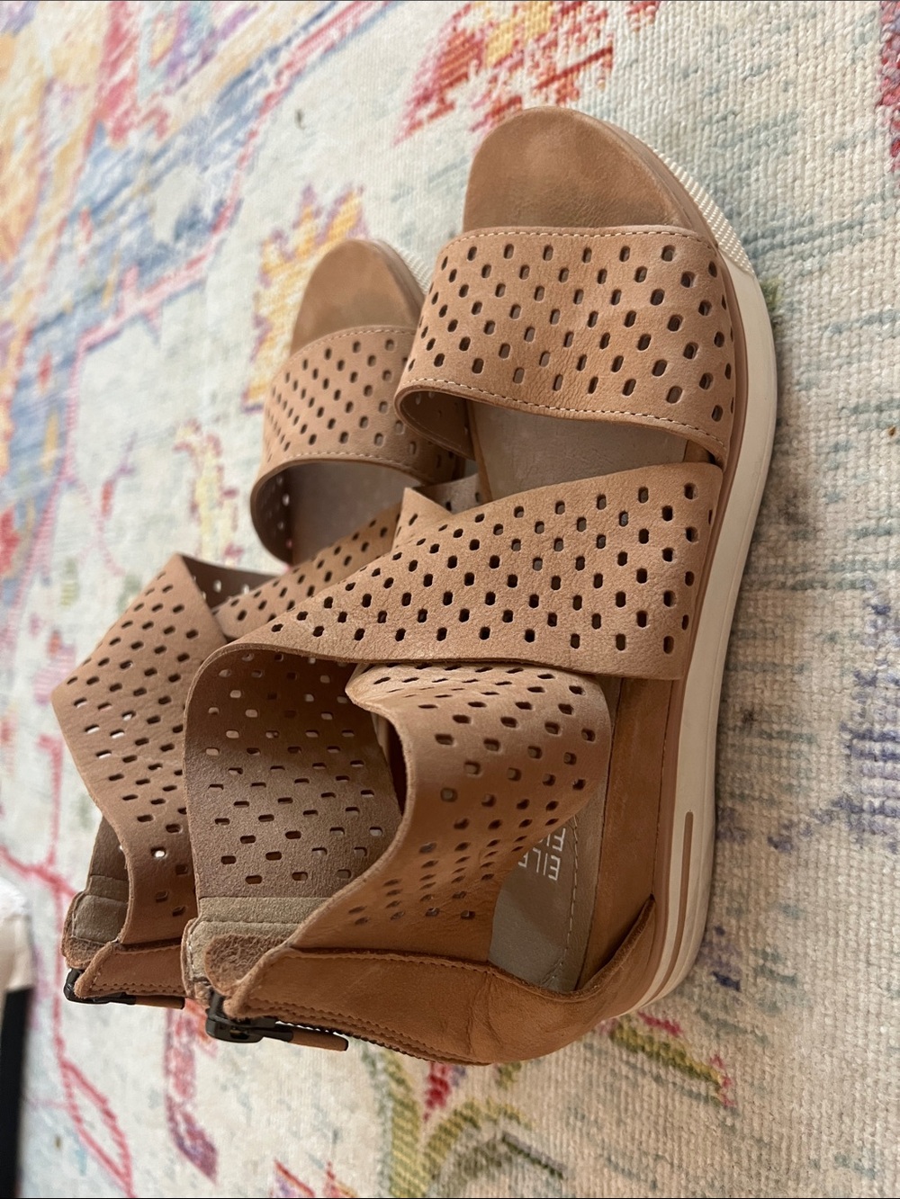 Eileen Fisher Perforated Tan Leather Slide Sandals